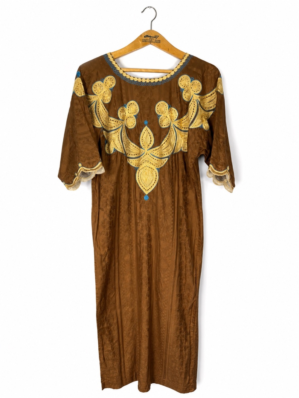 Handmade Kurta Maxi Dress Gold Embroidered Brown Tunic Diwali Artisan Art